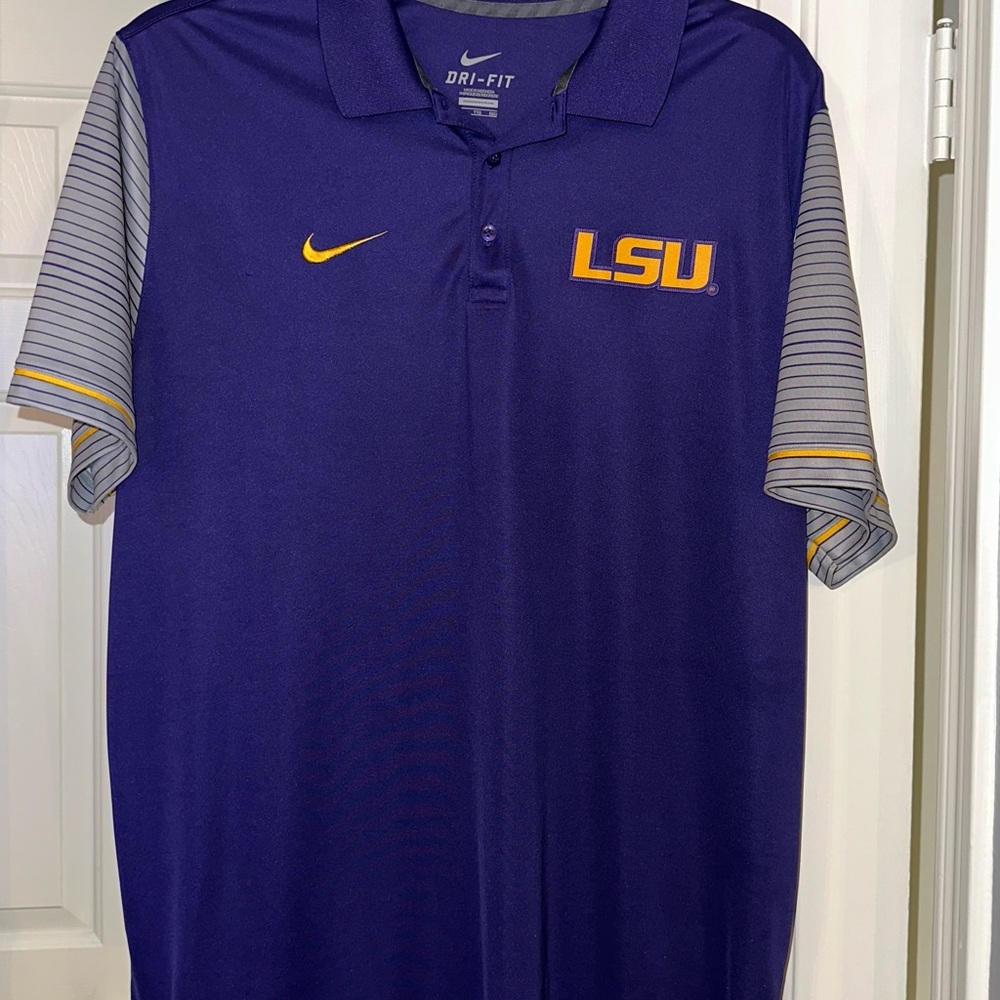 LSU Nike Dri-FIT Polo with stitched logo.